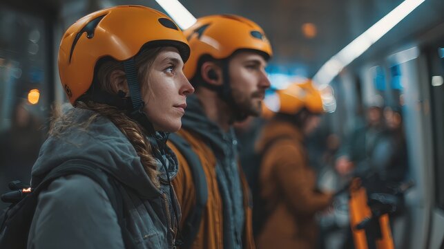 Commuting with Electric Scooters, Wearing Helmets on Public Transportation - Powered by Adobe