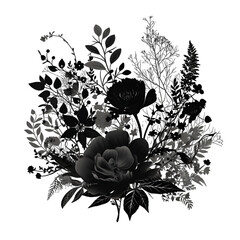 Black silhouette of a flower bouquet on white background.