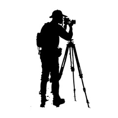 Black silhouette of a photographer and mountains on white background.