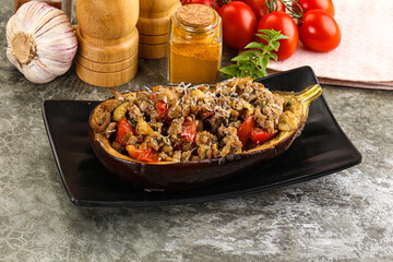 Baked eggplant stuffed meat and tomato