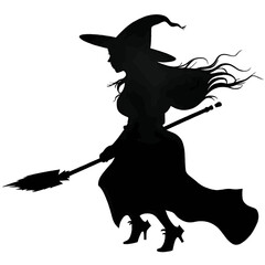 Black silhouette of a young witch on white background.
