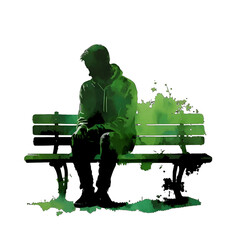 Green silhouette of a man on a bench on white background.
