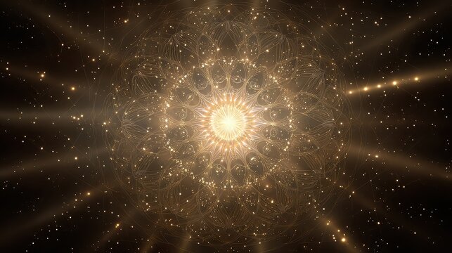 Golden glowing mandala with cosmic stardust on a dark background
