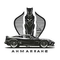 Black silhouette of panther and car on white background. Logo