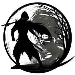 Black silhouette of samurai in a circle on white background.