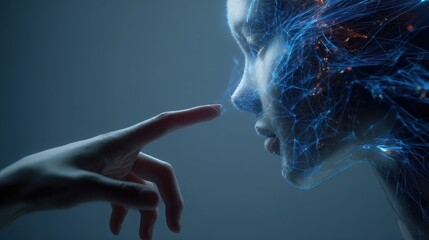 Rtificial intelligence with human face and hand touching, connection