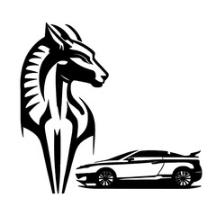 Black silhouette of horse and car on white background. Logo