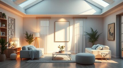 Bright and Airy Modern Living Room with Skylight and Cozy Seating Arrangements