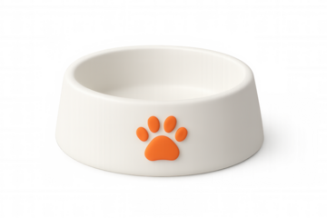 Pet food ceramic bowl featuring orange paw print pattern, empty and clean, sitting on transparent background for veterinary branding