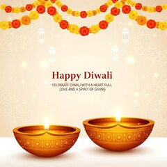 Festive Diwali Celebration Golden Lamps Illuminate a Heartfelt Greeting Under Strings of Marigold Flowers and Hanging