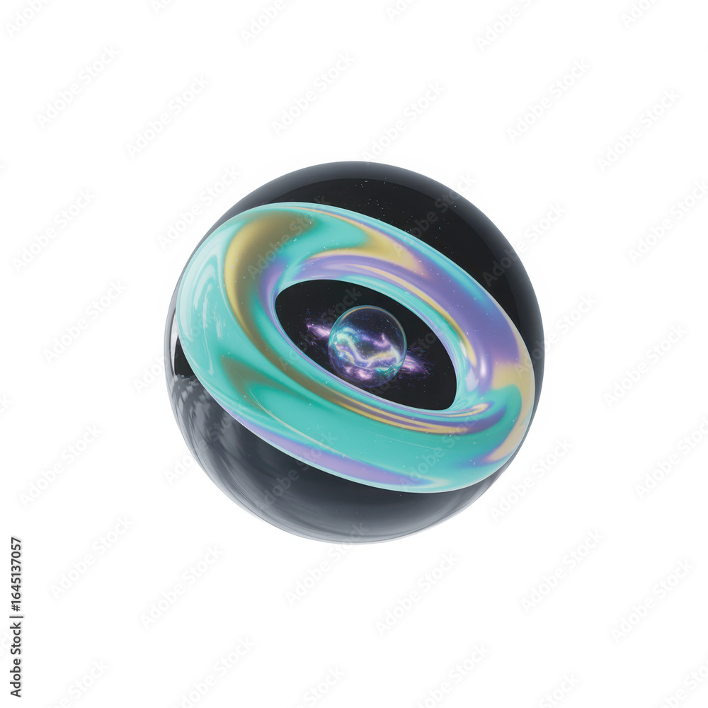 Poster abstract swirling iridescent ring within a clear sphere isolated on transparent background