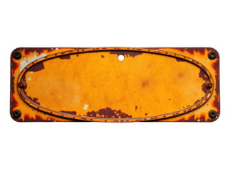 Rusty orange empty oval metal sign with transparent background