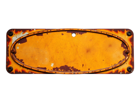 Rusty orange empty oval metal sign with transparent background
