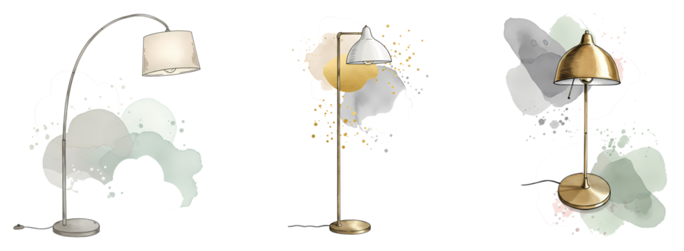 Three different style lamps with gold and silver colors on a plain background with paint splashes on transparent background
