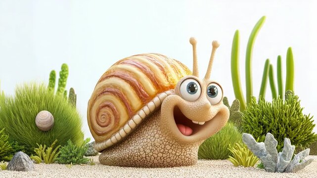 Smiling cartoon snail in vibrant greenery with colorful shell and expressive eyes