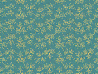 Elegant teal background adorned with a repeating pattern of delicate, goldenhued leaves.