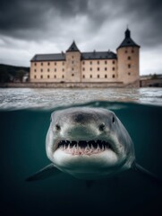 Naklejka premium A fierce shark swimming near a historic castle, showcasing nature's power.