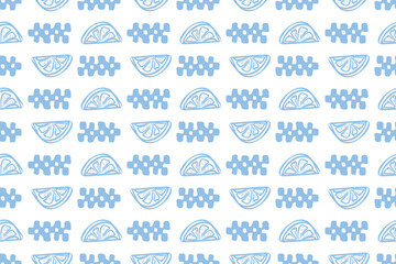 Blue summer seamless pattern. Abstract checkered elements, fruits. Vector mosaic background. Geometric square shapes with lemons. Mediterranean wallpaper, print, textile