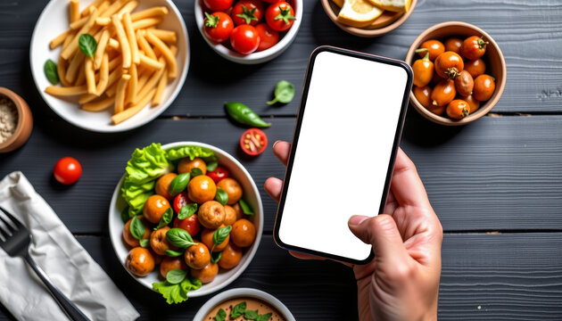 Food delivery app interaction kitchen table smartphone usage casual dining close-up modern lifestyle choices