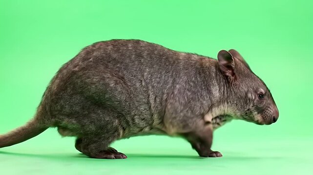 Rufous Bettong (Rat-Kangaroo) Walking on Vibrant Green Background, Australian Marsupial
