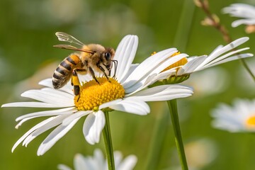 Obraz premium Honeybee collecting nectar from a white daisy flower in a field
