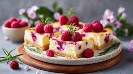Delicious raspberry baked cheesecake slices, garnished with fresh raspberries and rosemary sprigs, on a serving plate with a wooden base, beside a bowl of raspberries
