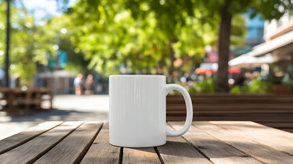 White Ceramic Mug on Rustic Wooden Table in Outdoor Cafe. Mock up promotion information for marketing announcements and details, blank white space.