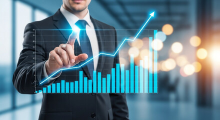 Businessman in suit interacting with digital graph showing upward trend in modern office environment