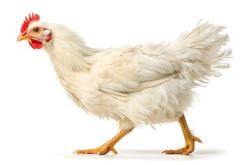 Fototapeta premium A young white chicken walking against a white background