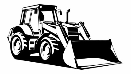 Naklejka premium Illustration of a black and white backhoe loader with a large front bucket and visible tires and cabin silhouette