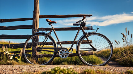 Naklejka premium Vintage bicycle resting by rustic wooden fence