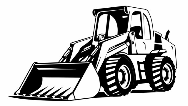 Illustration of a black and white skid steer loader with bucket and large tires in vector format silhouette