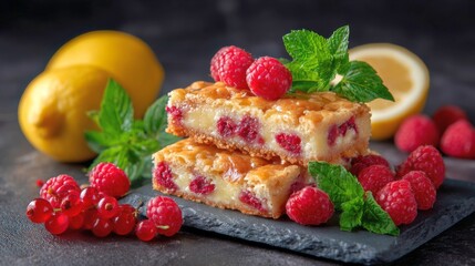 Raspberry dessert bars with a creamy filling, topped with fresh raspberries and mint, alongside lemons and red currants on a dark surface