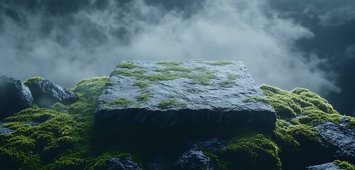 Natural product mock laying on mossy stone with mist and cold blue tones