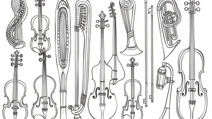 A collection of various musical instruments arranged in a neat lineup