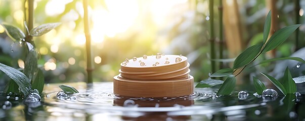 Natural skincare jar mock surrounded by bamboo light and water droplets