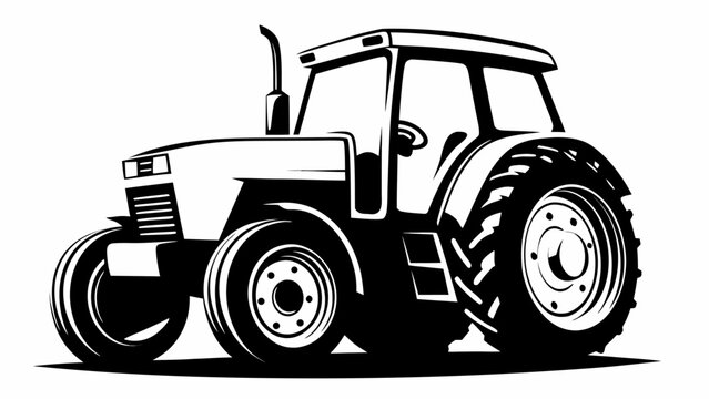 Illustration of a black and white tractor with large tires and a cabin on a white background image art silhouette