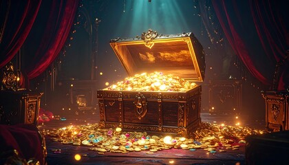 Ornate chest overflowing with gold and jewels, illuminated dramatically
