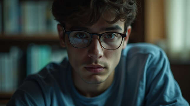 A quiet library scene with a young reader at the center of the frame
