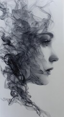 Fototapeta premium A profile portrait of a woman's face merging with swirling grey wisps