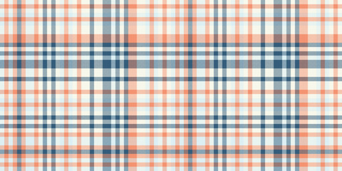 Seamless pastel plaid pattern in peach, blue, and white. Ideal for textile design, website backgrounds, or crafting projects.