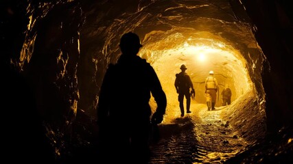 Miners silhouettes walk through a dark tunnel with a bright light at the end of the passage way