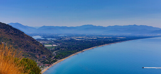 Scenic aerial view of Levante Beach in Terracina, Lazio, Italy, with sandy coastline stretching...