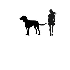 Black silhouette of a girl with a dog on white background.