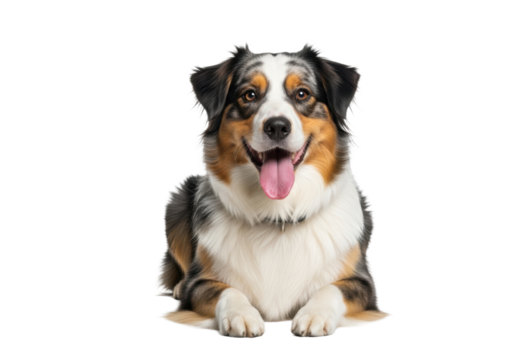 Happy tri-color Australian Shepherd dog with black, white, and tan fur, black collar, lying on a transparent studio background, mouth open, pink tongue, direct eye contact, commercial pet