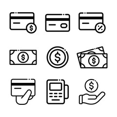 Finance and Payment Icon Set in Line Style – Credit Card, Cash, and Dollar Symbols