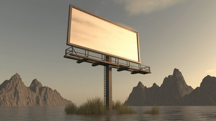 Blank Billboard on Water Surrounded by Mountains in Serene Landscape. Mock up promotion information for marketing announcements and details, blank white space.