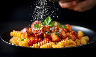 a gourmet fusilli pasta with rich red tomato sauce, topped with several glossy, appetizing cubes of grilled ham with visible sear marks, and a few leaves of parsley.