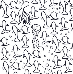 Art in the form of a cluster of fish, which also includes an octopus, jellyfish and bubbles.