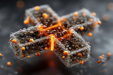 Abstract Glowing X Mark with Orange Orbs